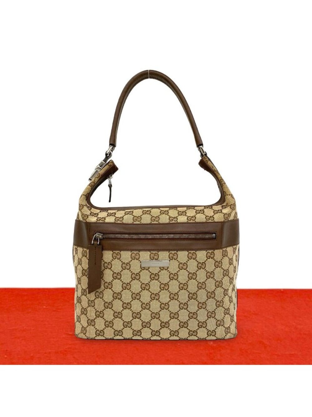 Gucci Logo GG Pattern Canvas Leather Shoulder Bag Tote Brown